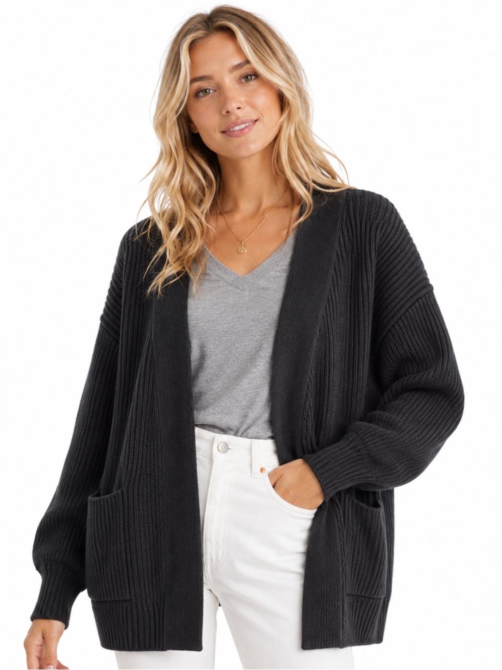 Quince 100% Organic Cotton Oversized Ribbed Cardigan Charcoal/Black S